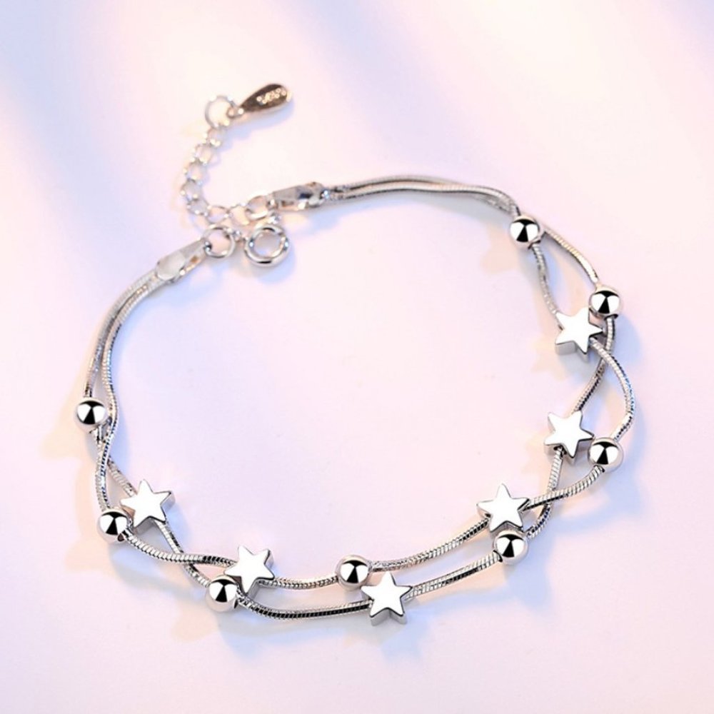 NEW 925 Sterling Silver Double Layer Star Bead Bracelet - Picture 3 of 5